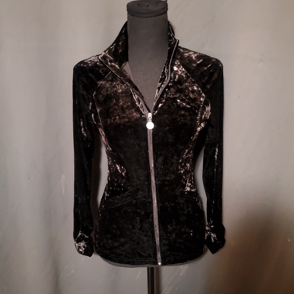 Tzu Tzu Black Crushed Velvet Velour Active Zip-Up Fitted Jacket Size Small